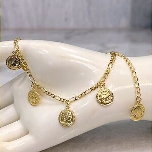 BELLEZZA Gold Coin Charm Figaro Link Ankle Bracelet